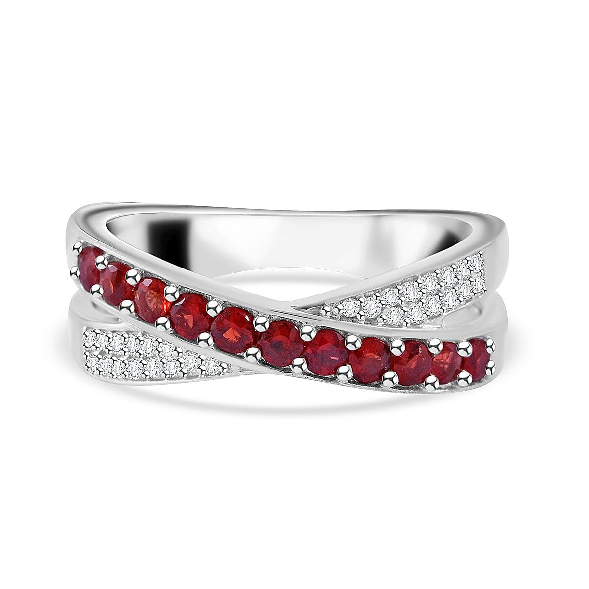 Sanguine Sapphire, White Zircon Criss-Cross Ring in Rhodium Over Sterling Silver (Size 10.0) 0.85 ctw