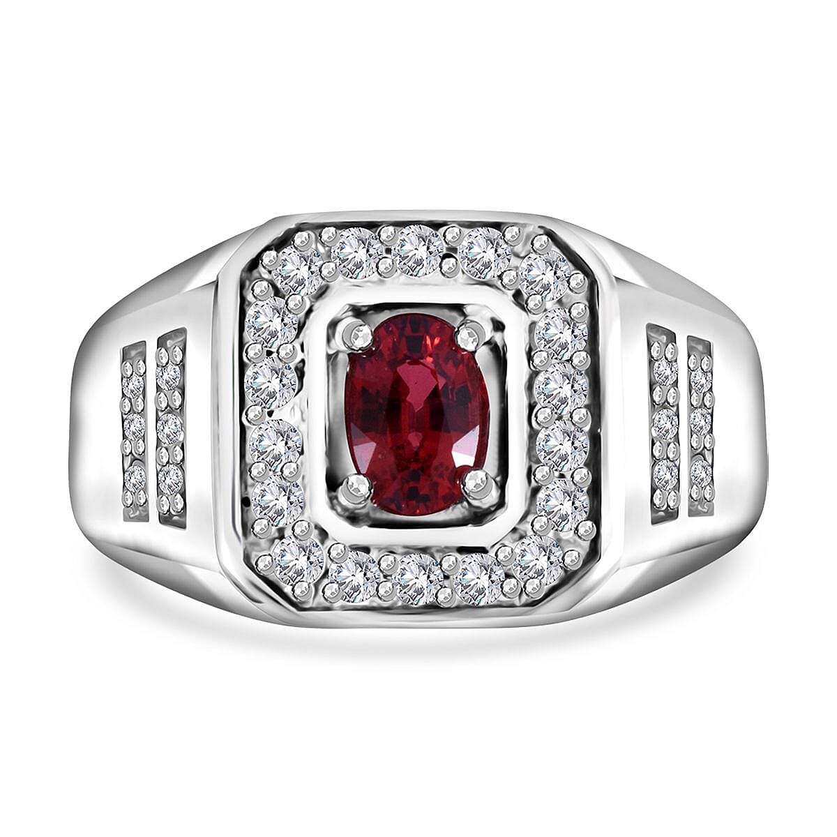 Sanguine Sapphire, Moissanite Men's Ring in Rhodium Over Sterling Silver (Size 10.0) 1.35 ctw