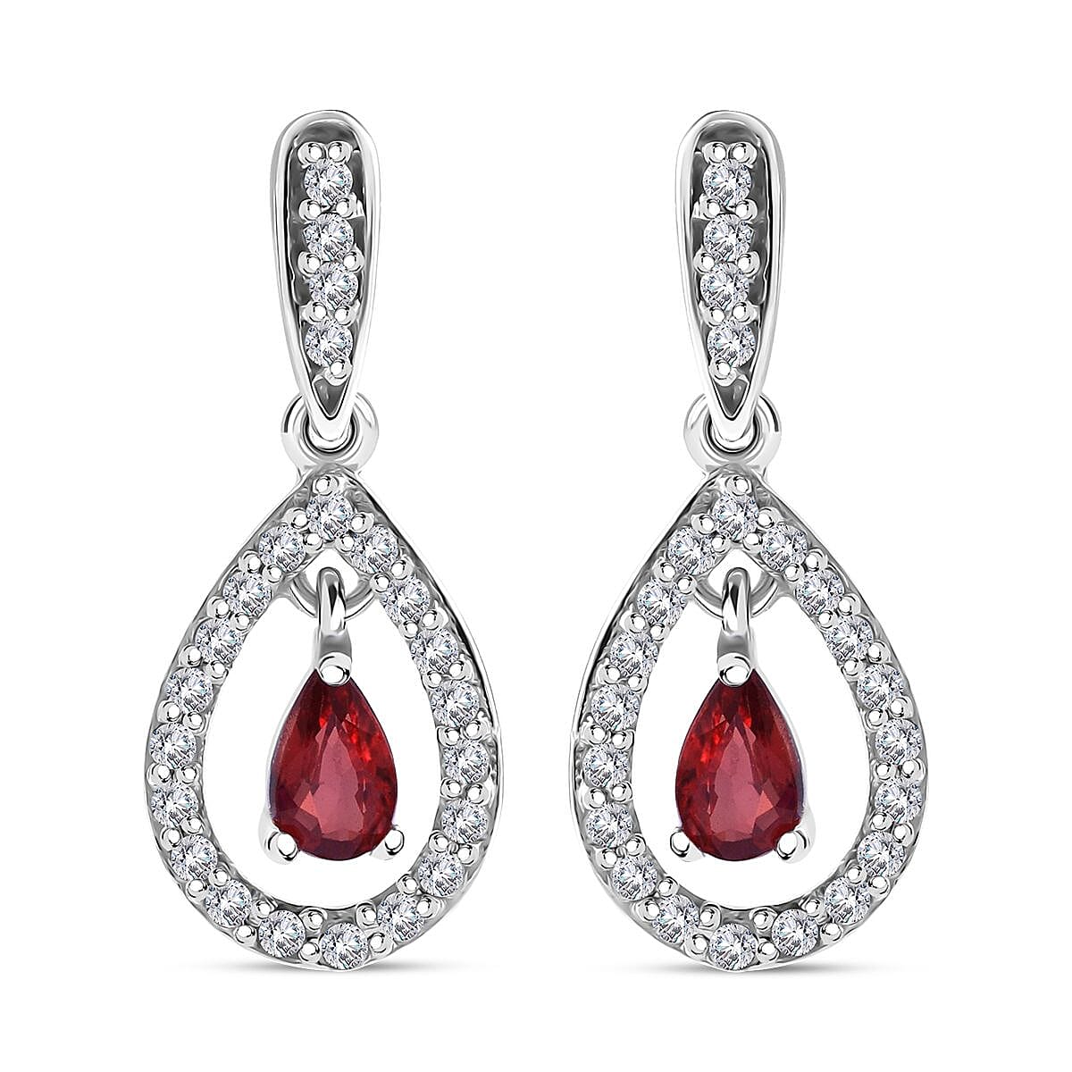 Premium Red Sapphire and White Zircon Dangling Earrings in Rhodium Over Sterling Silver 1.00 ctw