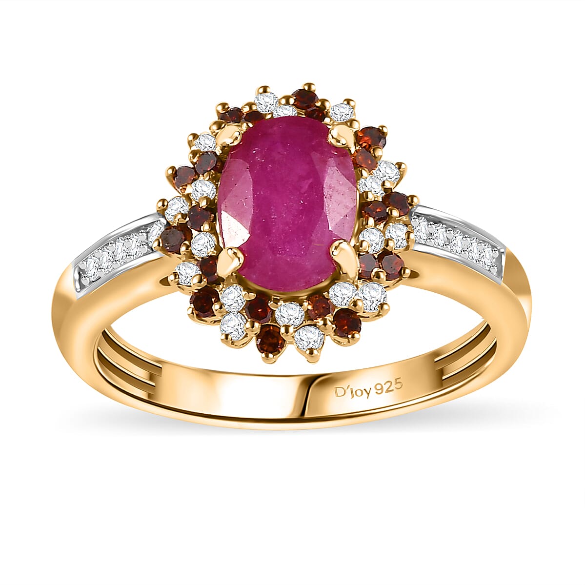 Premium Taveta Ruby, Red Diamond (IR), Diamond (0.40 cts) Floral Ring in 18K Vermeil YG Over Sterling Silver (Size 7.0) 2.00 ctw