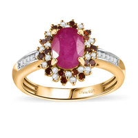 Premium Taveta Ruby, Red Diamond (IR), Diamond (0.40 cts) Floral Ring in 18K Vermeil YG Over Sterling Silver (Size 7.0) 2.00 ctw