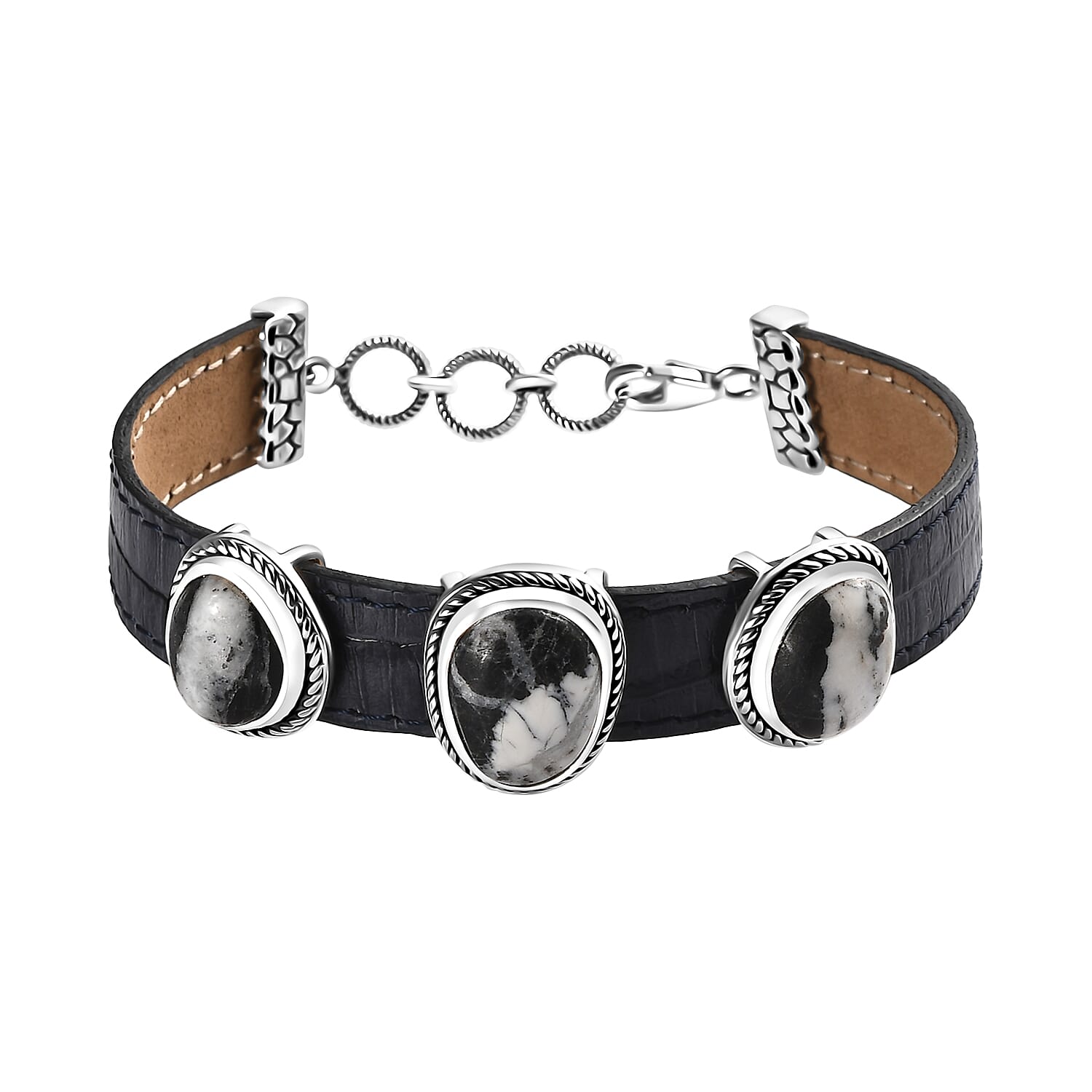 Artisan Crafted White Buffalo 16.00 ctw Bracelet in Sterling Silver and Black Leather Cord (7.25 In)