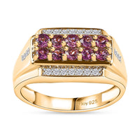Radiant Ember Garnet, White Zircon Men's Ring in 18K Vermeil YG Over Sterling Silver (Size 10.0) 1.90 ctw