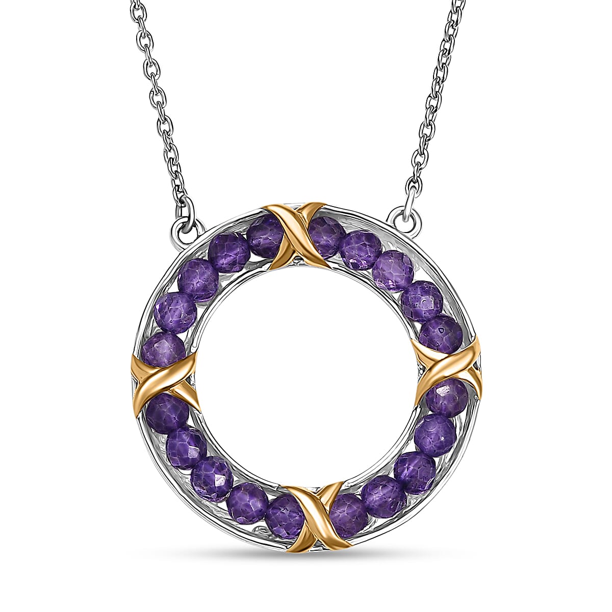 Karis African Amethyst 10.00 ctw Circle Necklace 18K YG Plated, Platinum Bond and Stainless Steel 18 Inches