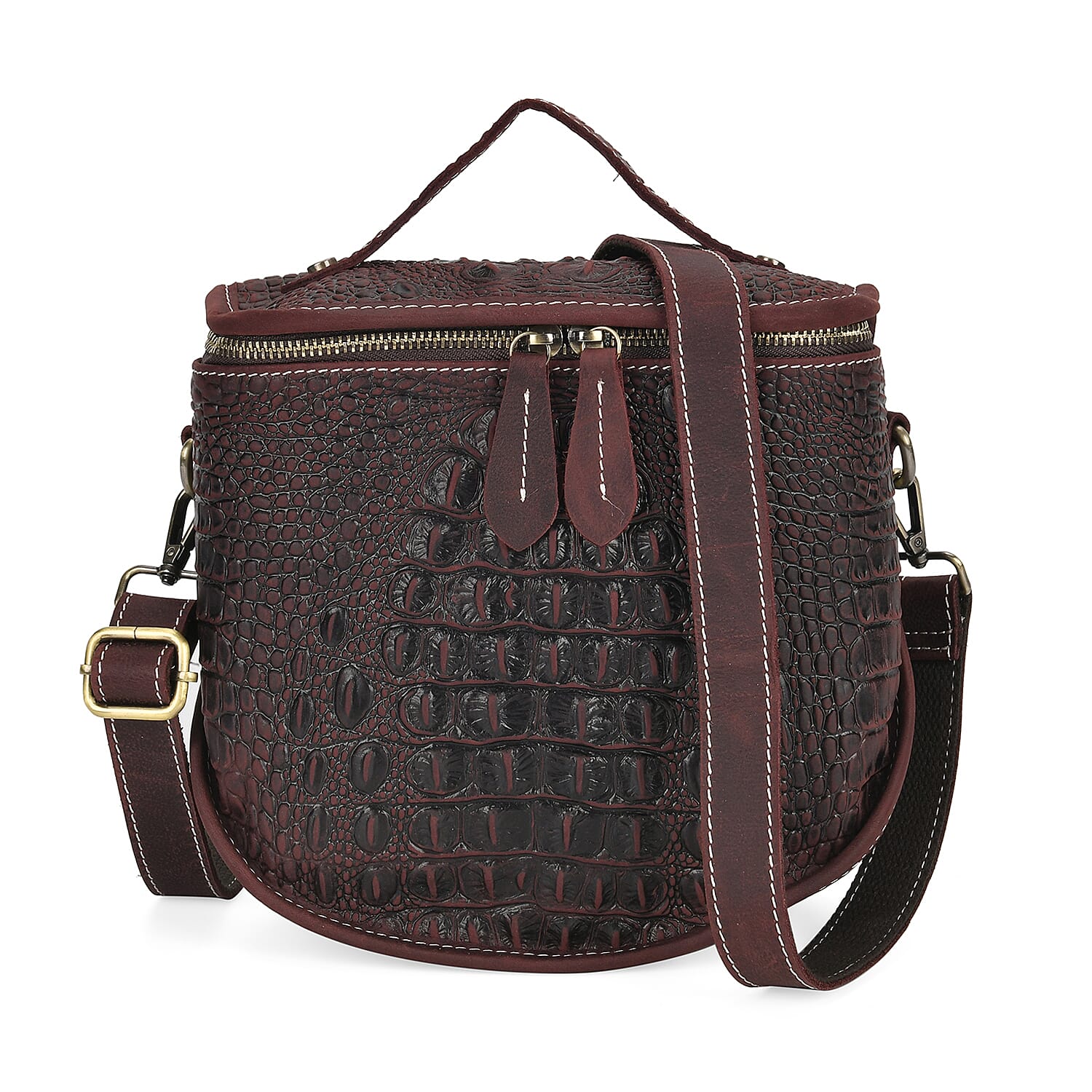 Italy Retro Noble Collection Burgundy Crocodile Embossed Genunie Leather Crossbody Bag (8.3"x3.7"x8.3") with Shoulder Strap