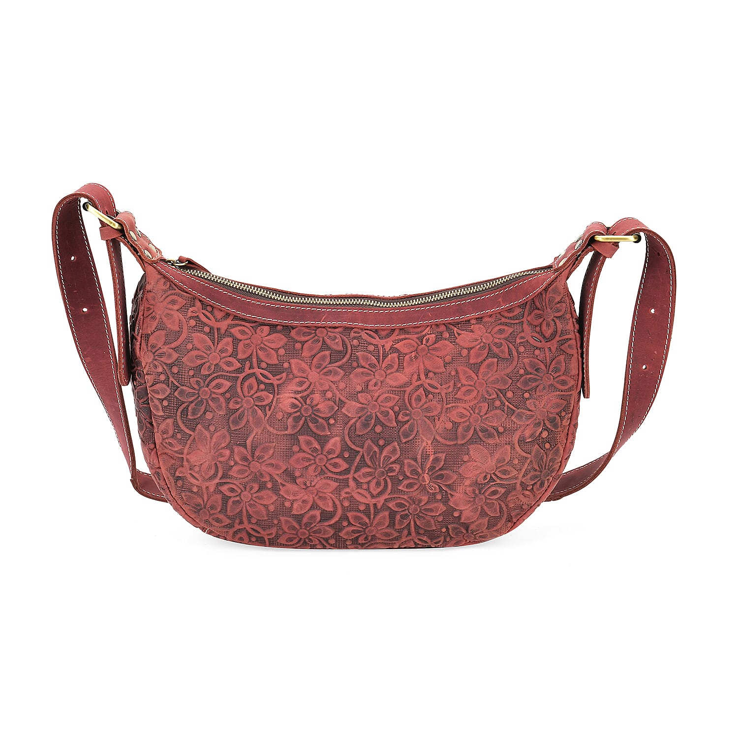 Italy Retro Noble Collection Burgundy Color Floral Embossed Genuine Leather Crossbody Bag (13"x4.9"x8.3") with Shoulder Strap