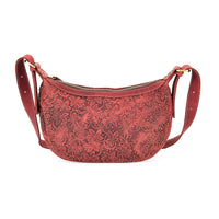 Italy Retro Noble Collection Burgundy Color Floral Embossed Genuine Leather Crossbody Bag (13"x4.9"x8.3") with Shoulder Strap