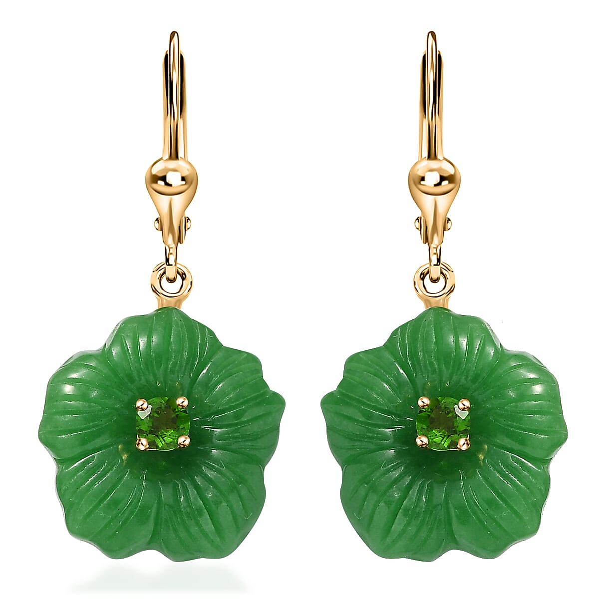 Green Jade Carved, Chrome Diopside Floral Lever Back Earrings in 18K Vermeil YG Over Sterling Silver 37.75 ctw