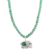 Green Aventurine, Austrian Crystal and Simulated Black Diamond Necklace with Elephant Charm 20 Inches in Silvertone and Stainless Steel 325.00 ctw