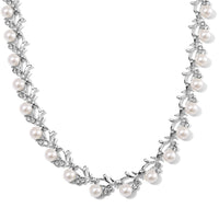 White Color Shell Pearl and White Crystal Necklace 18-20 Inches in Silvertone