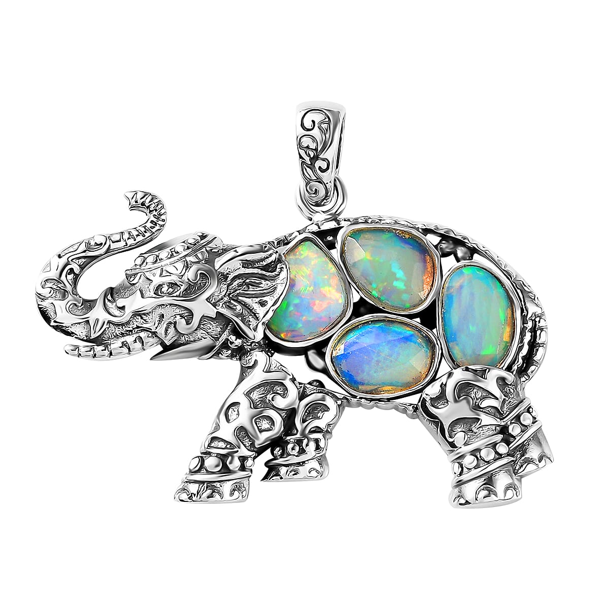 Indian Artistry Polki Ethiopian Welo Opal 1.75 ctw Elephant Pendant without Chain in Sterling Silver