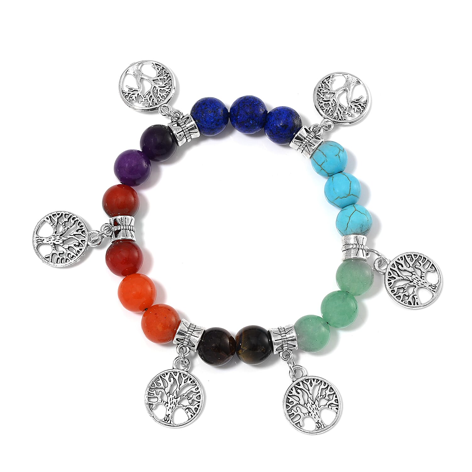 Multi Gemstone Beaded Seven Chakra Stretch Bracelet with Tree of Life Charm in Silvertone 130.00 ctw