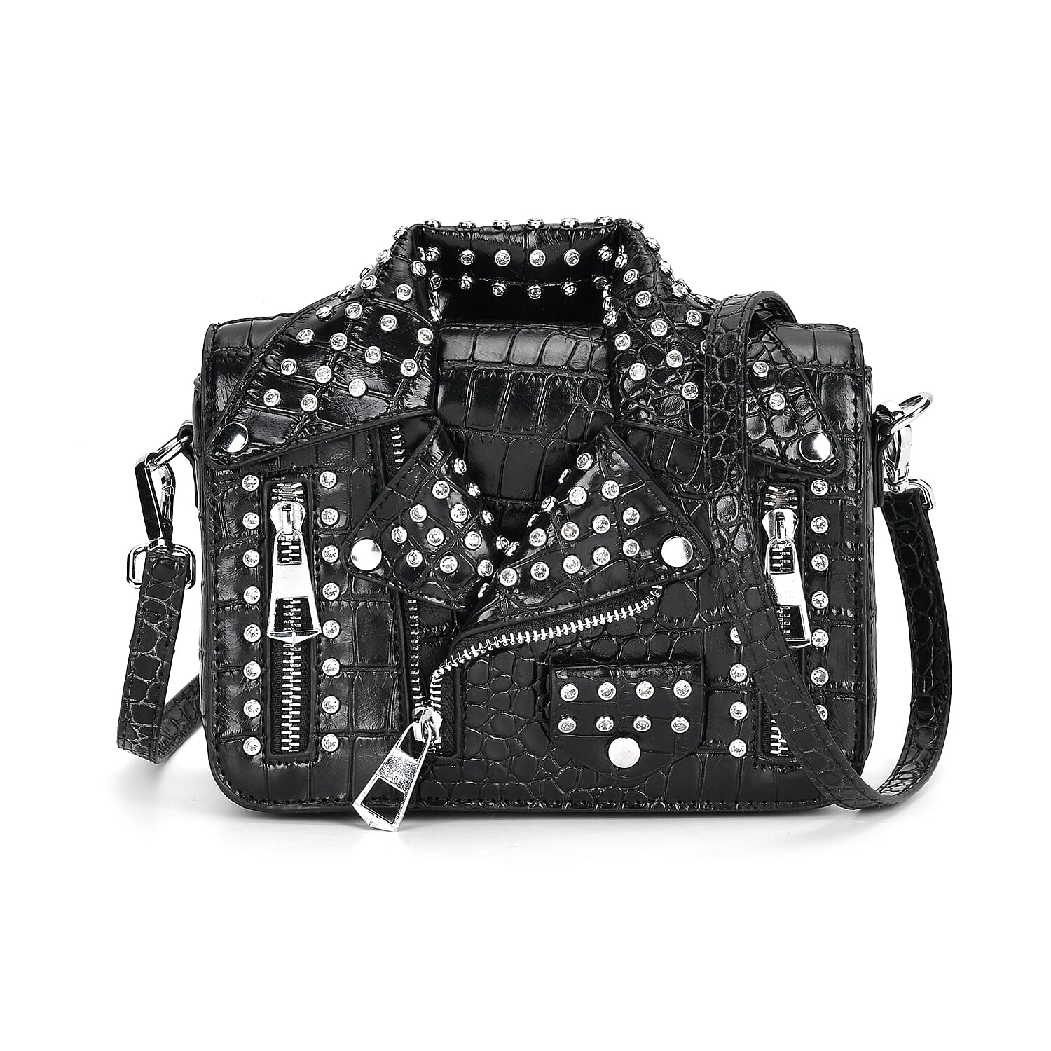 Sivani Black Crocodile Embossed Faux Leather Crossbody Jacket Bag (8.7"x3"x4.7") with Detachable Shoulder Strap