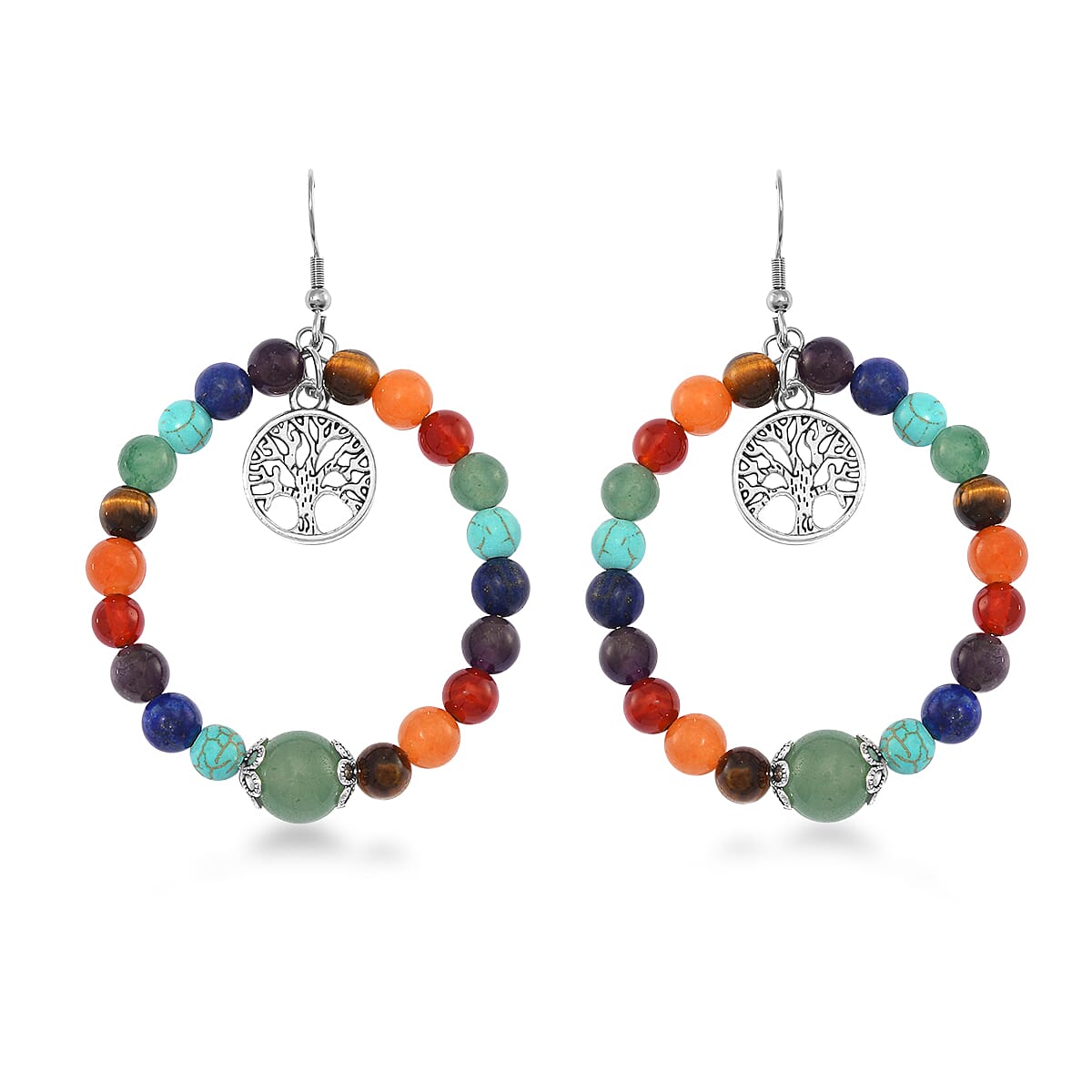 Multi Gemstone Beaded Seven Chakra Stretch Earrings with Tree of Life Charm in Silvertone 95.00 ctw