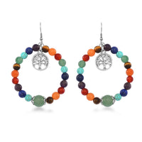 Multi Gemstone Beaded Seven Chakra Stretch Earrings with Tree of Life Charm in Silvertone 95.00 ctw