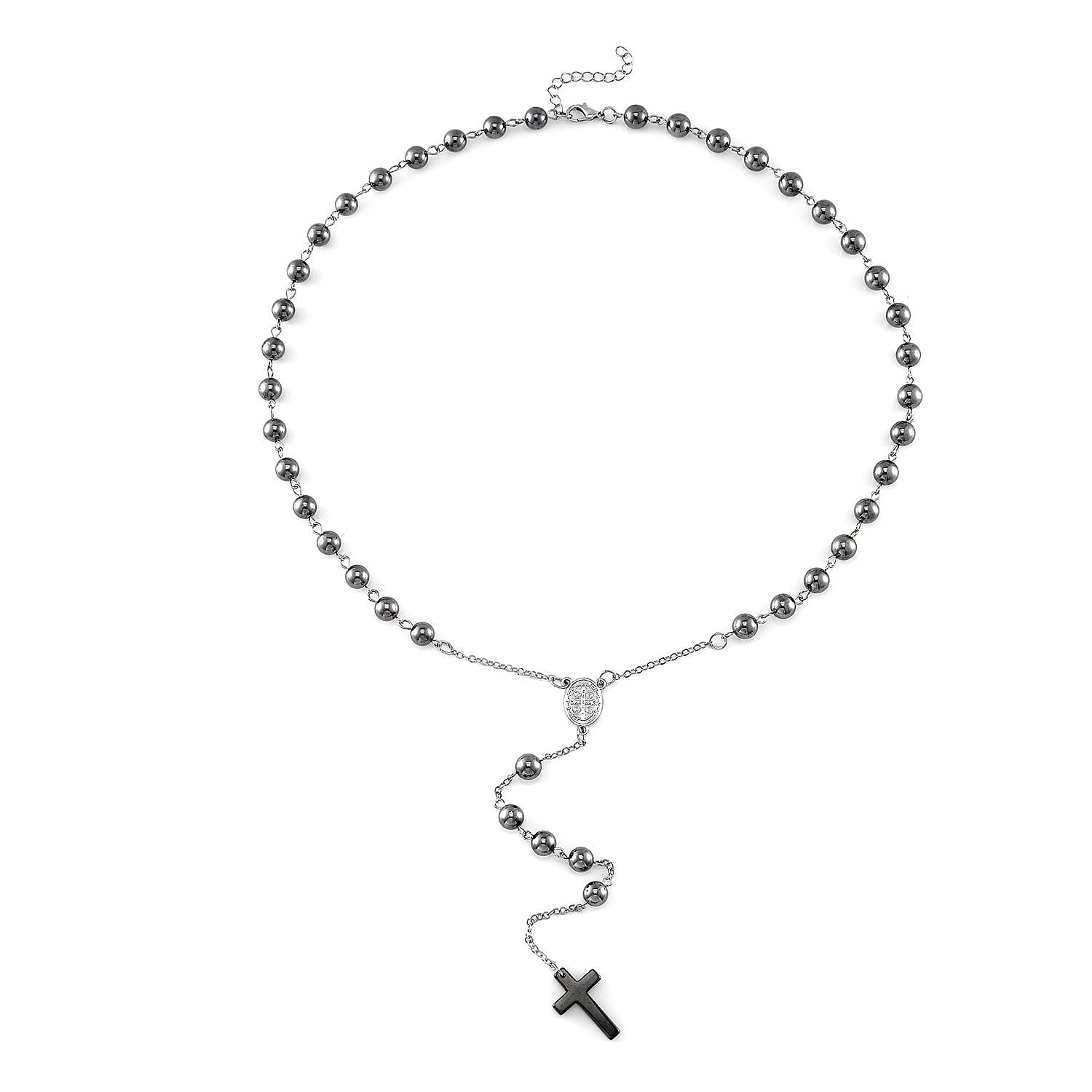 Terahertz and Hematite 170.00 ctw Beaded Rosary Necklace 26 Inches in Silvertone and Stainless Steel