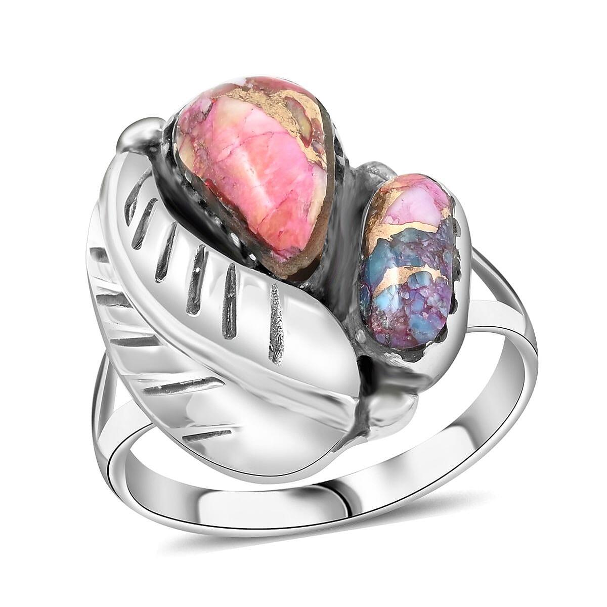 Santa Fe Style Rainbow Turquoise Leaf Ring in Sterling Silver (Size 10.0) 1.20 ctw