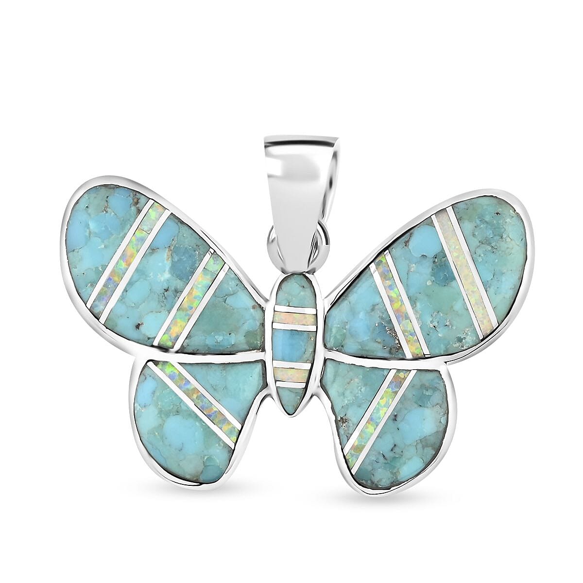 Santa Fe Style Turquoise, Opal Butterfly Pendant in Sterling Silver 11.00 ctw