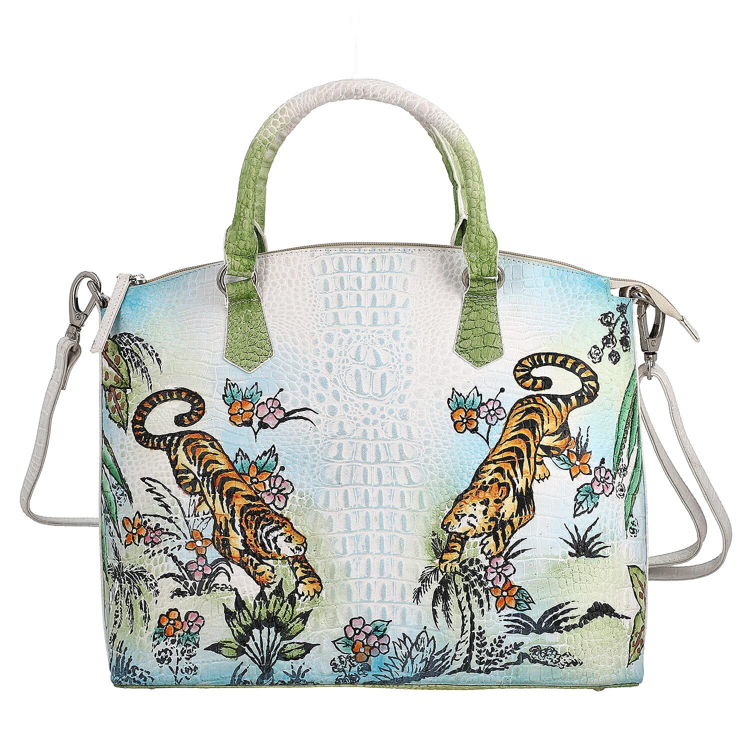 "Handbag with top handle, Adjustable and detacable Shoulder strap - Sukriti 100% Genuine leather hand painting in croco embossing Size- 14.2L x 12H x 5W inches Color-White"