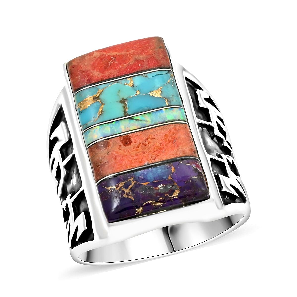 Santa Fe Style Multi Gemstone Ring in Sterling Silver (Size 10.0) 1.75 ctw
