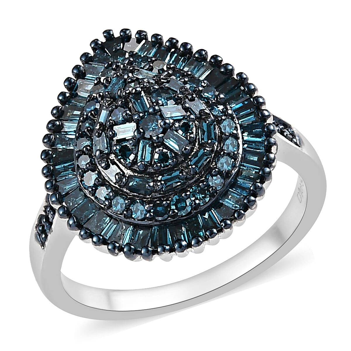 DOORBUSTER Blue Diamond (IR) Cluster Ring in Rhodium and Platinum Over Sterling Silver 1.00 ctw