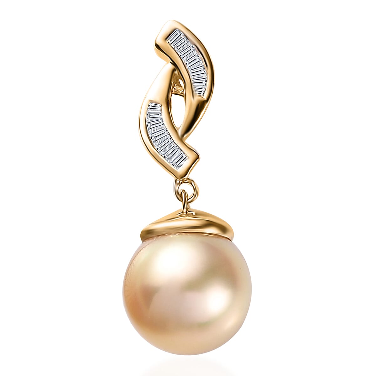 Luxoro 14K Yellow Gold Premium Golden South Sea Pearl and I2 Diamond Pendant without Chain 0.10 ctw