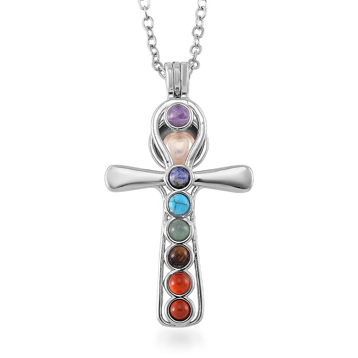 Freshwater Pearl and Multi Gemstone 1.20 ctw Seven Chakra Cross Pendant Necklace in Silvertone 20-22 Inches
