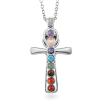 Freshwater Pearl and Multi Gemstone 1.20 ctw Seven Chakra Cross Pendant Necklace in Silvertone 20-22 Inches