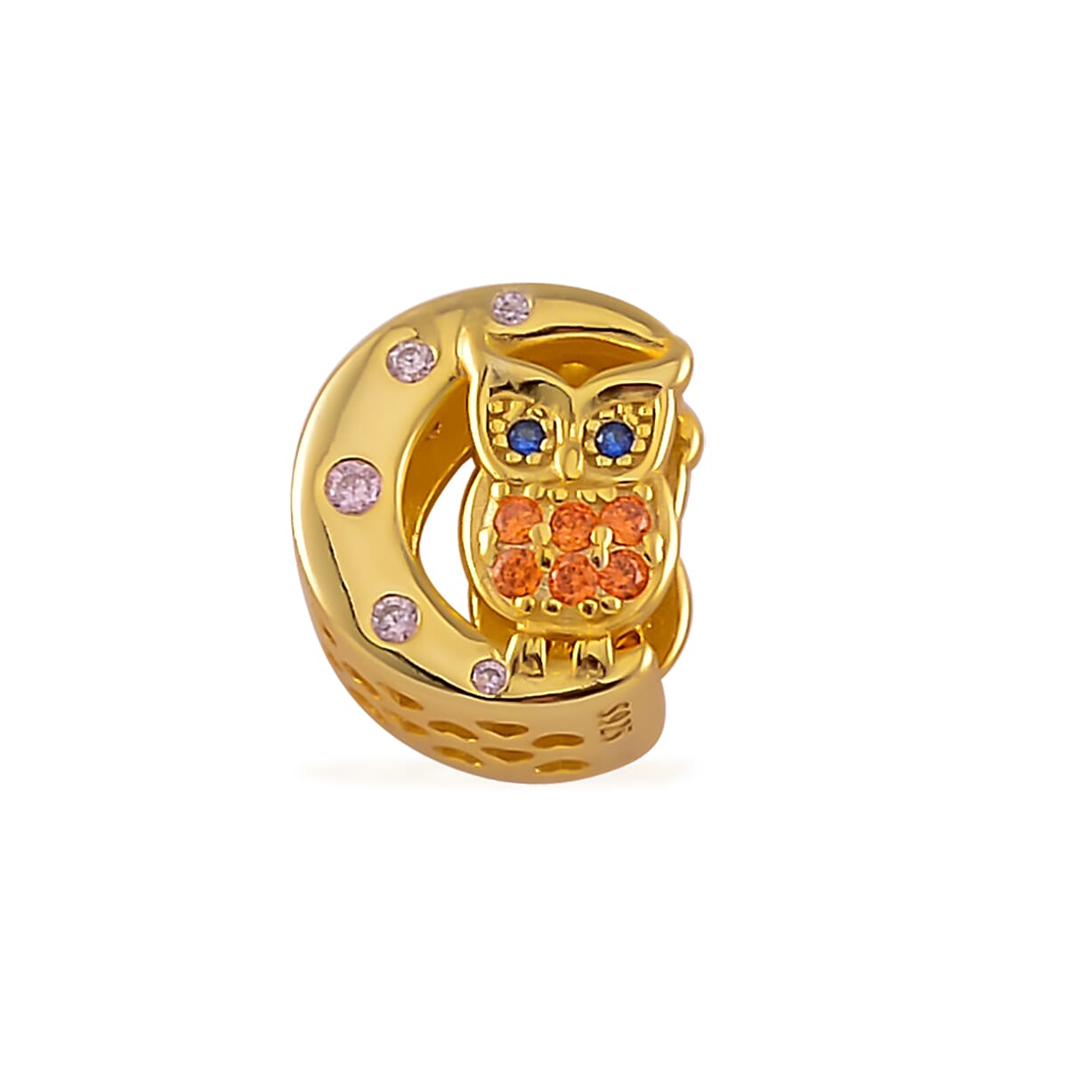 Simulated Multi Color Diamond 0.30 ctw Owl and Moon Charm in 14K Yellow Gold Over Sterling Silver
