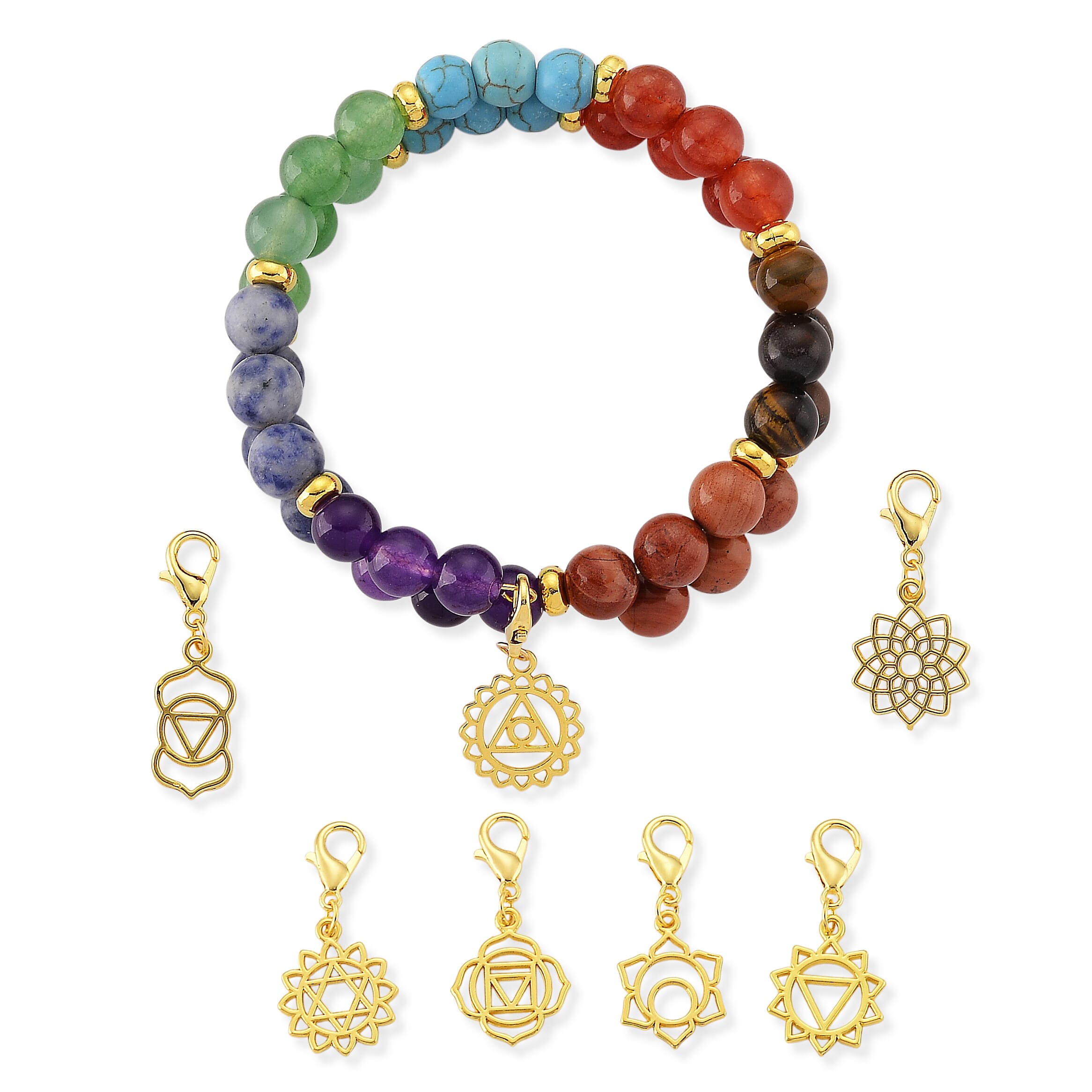 Multi Gemstone 80.00 ctw Seven Chakra 2 Rows Beaded Stretch Bracelet with 7pcs Hand Charm in Goldtone