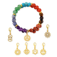 Multi Gemstone 80.00 ctw Seven Chakra 2 Rows Beaded Stretch Bracelet with 7pcs Hand Charm in Goldtone