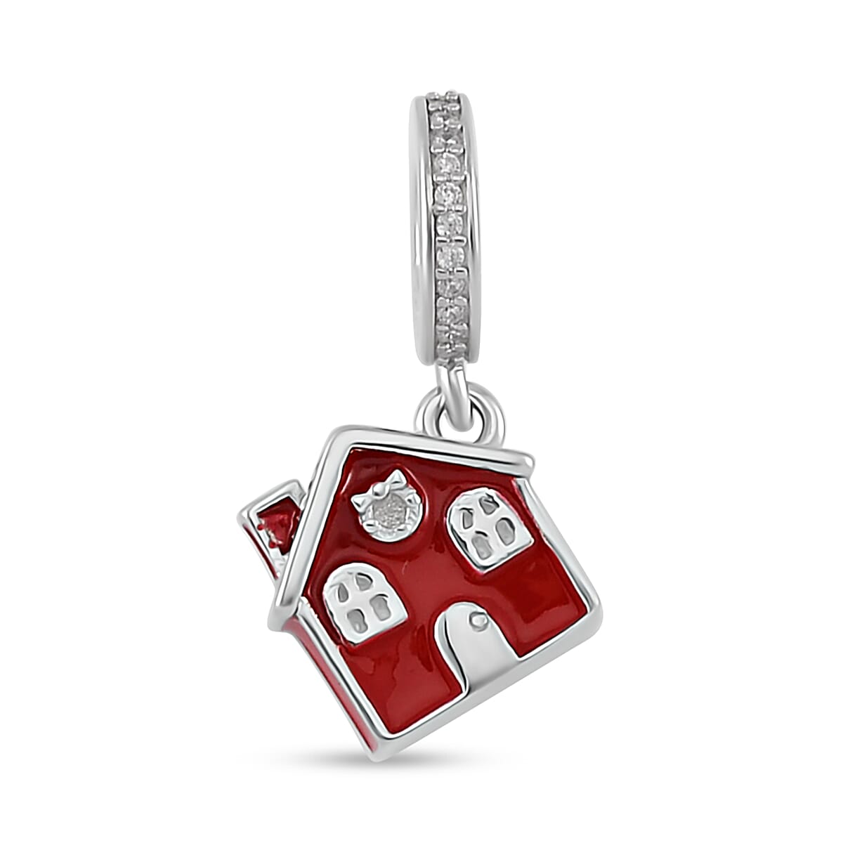 Simulated Diamond and Enameled A Red Home Charm in Rhodium Over Sterling Silver 0.25 ctw