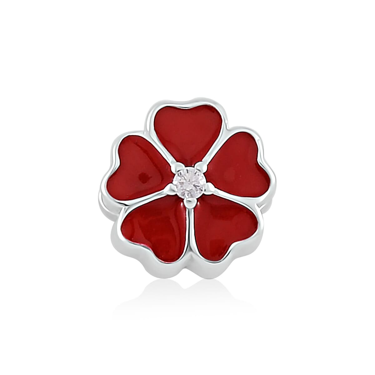 Simulated Diamond and Enameled Red Flower Charm in Rhodium Over Sterling Silver