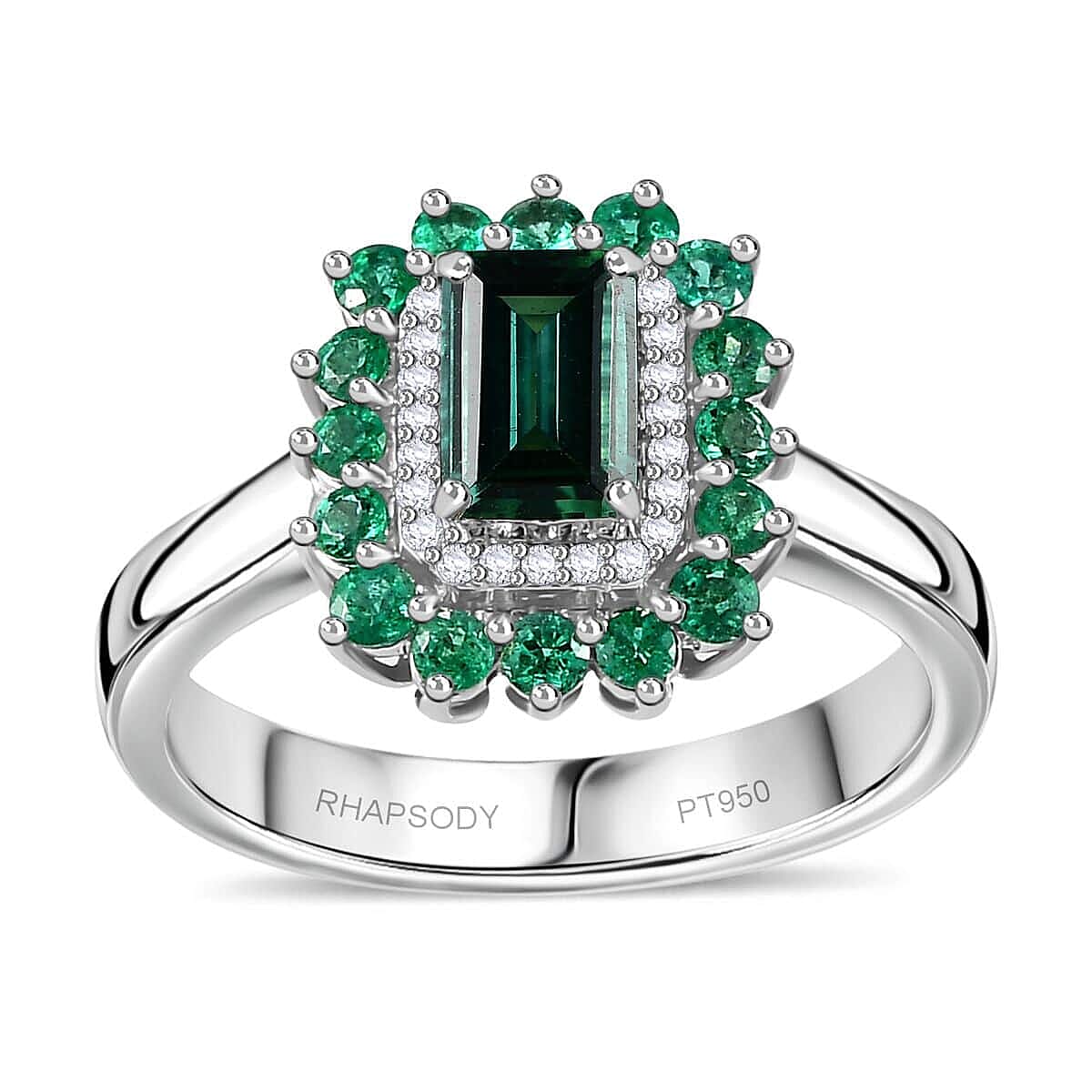 Certified & Appraised Rhapsody 950 Platinum AAAA Pirineu Lagoon Tourmaline, Boyaca Colombian Emerald and Diamond Double Halo Ring 7.10 Grams 1.43 ctw