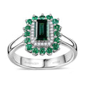 Certified & Appraised Rhapsody 950 Platinum AAAA Pirineu Lagoon Tourmaline, Boyaca Colombian Emerald and Diamond Double Halo Ring 7.10 Grams 1.43 ctw - Sticky add to cart bar