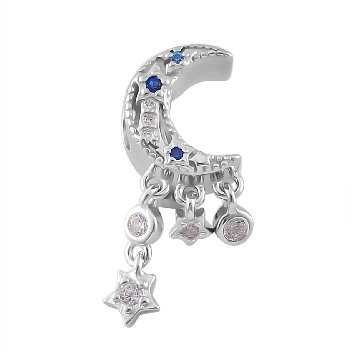 Simulated White and Blue Diamond Retro Moon Dreamcatcher Charm in Rhodium Over Sterling Silver 0.15 ctw