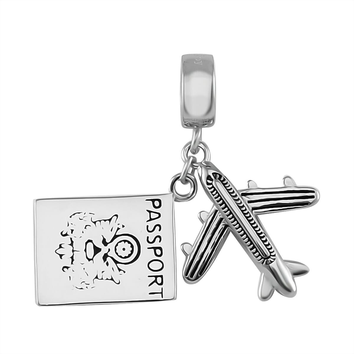 Passport Airplane Charm in Rhodium Over Sterling Silver 3.25 Grams