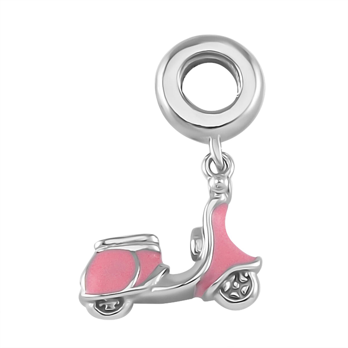 Pink Enameled Baby Toy Car Charm in Rhodium Over Sterling Silver (2.65 g)