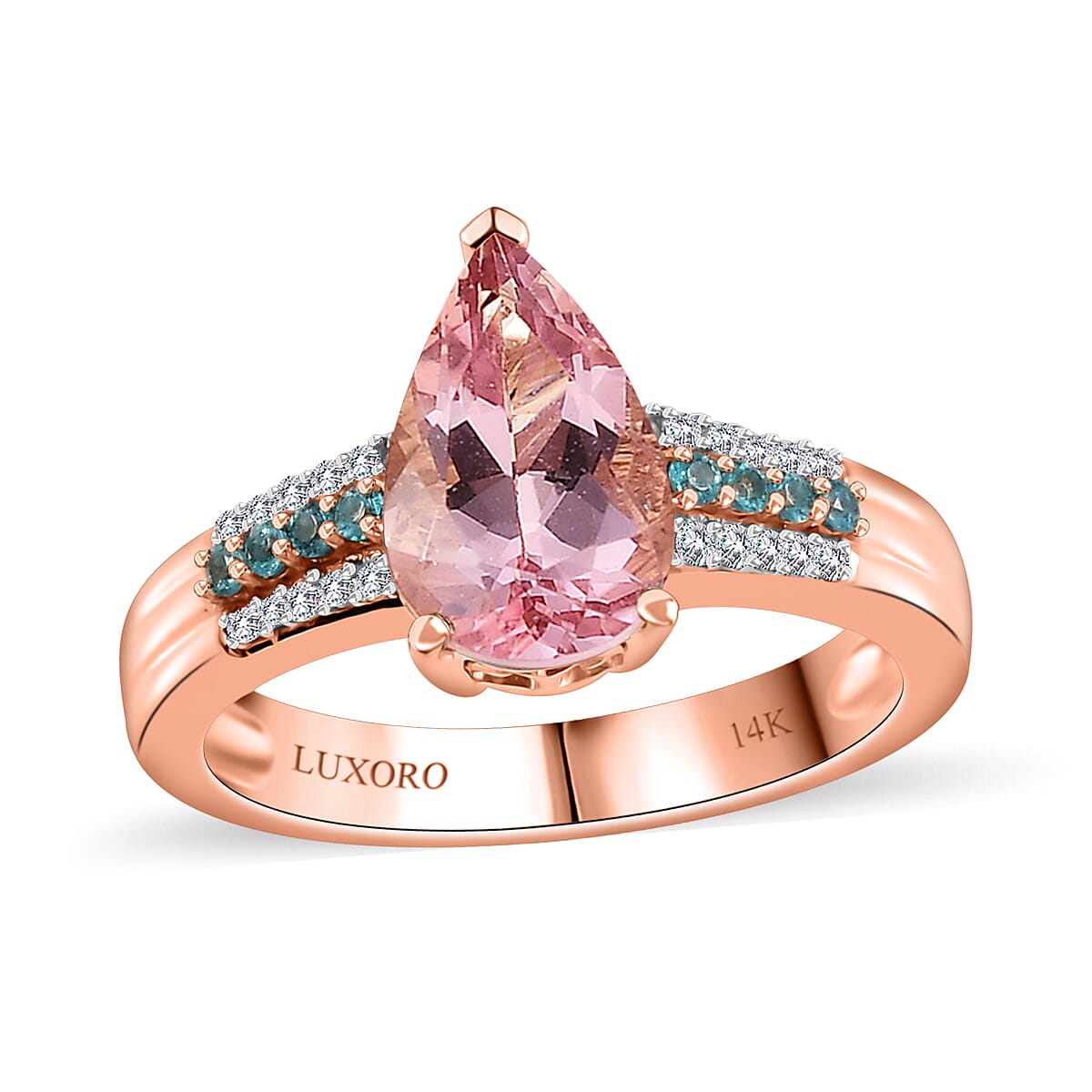 Luxoro 14K Rose Gold AAA Pink Morganite, Paraiba Tourmaline and G-H I2 Diamond Ring 4.25 Grams 2.30 ctw