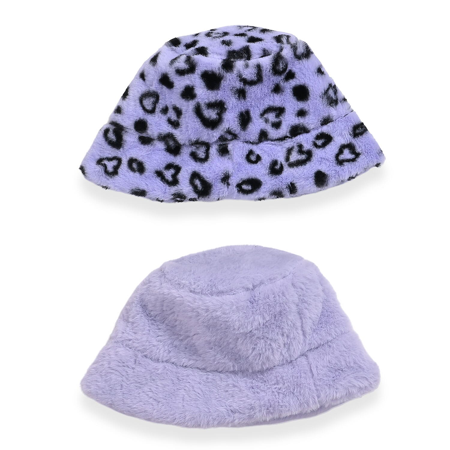 Set of 2 Black Chevron Pattern and Beige Solid Faux Fur Bucket Hats (22.85")