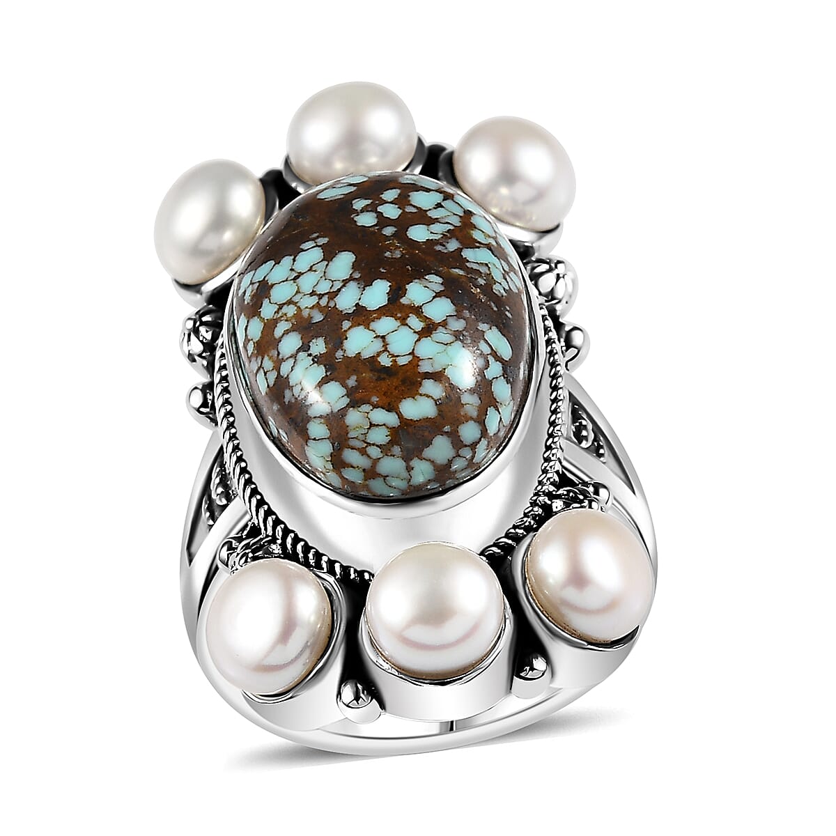 Artisan Crafted Blue Horizon Turquoise 9.30 ctw and White Pearl Ring in Sterling Silver (Size 10.0)
