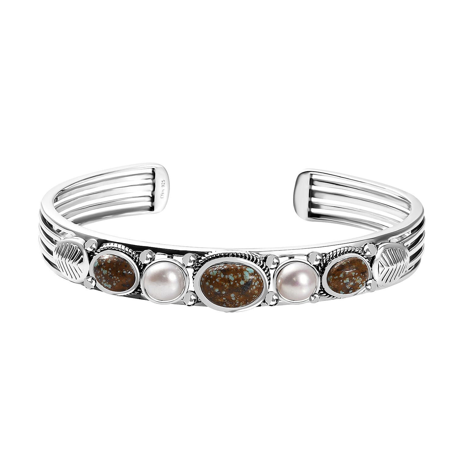 D'Joy Artisan Crafted Blue Horizon Turquoise 5.40 ctw and White Pearl Cuff Bracelet in Sterling Silver (7.25 In)