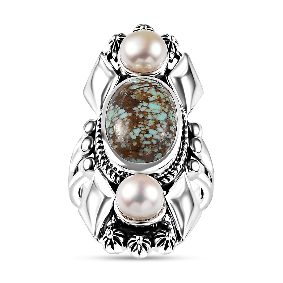 D'Joy Artisan Crafted Blue Horizon Turquoise 5.60 ctw and White Pearl Ring in Sterling Silver (Size 6.0)