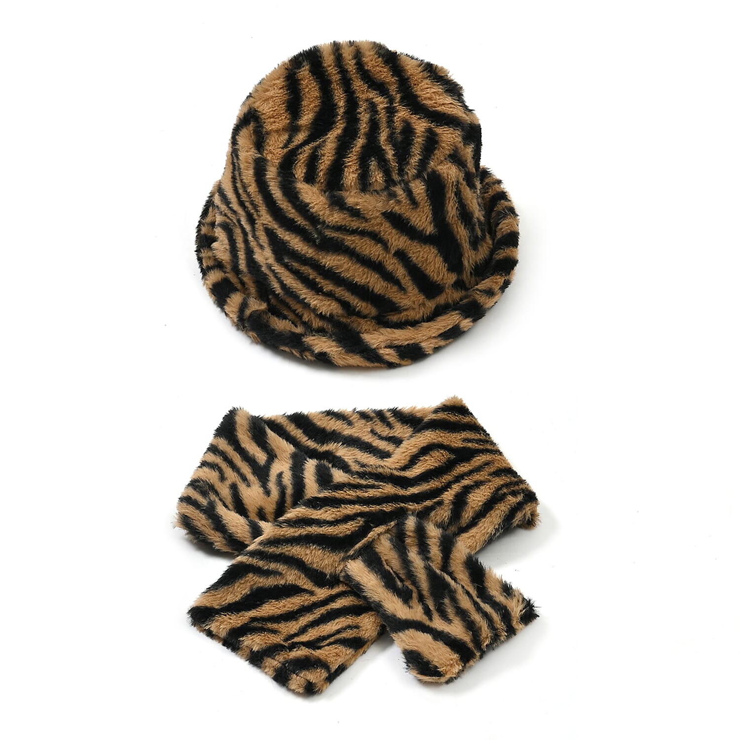 Brown Zebra Pattern Faux Fur Set of Bucket Hat (23