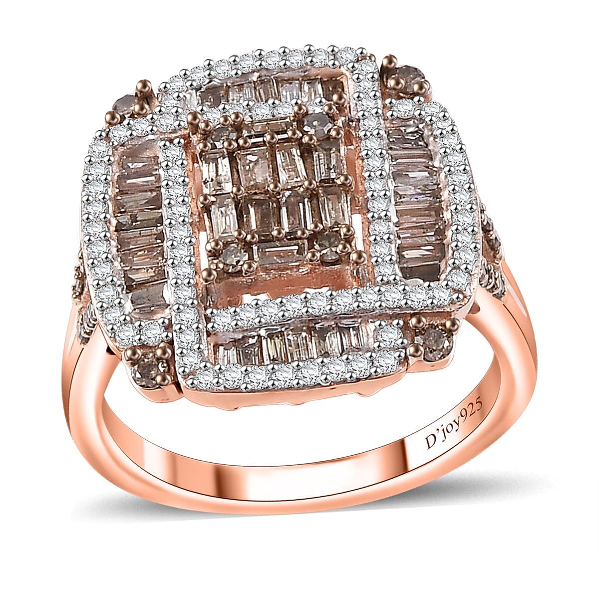 Natural Champagne and White Diamond Art Deco Ring in 18K Vermeil RG Over Sterling Silver (Size 10.0) 1.00 ctw