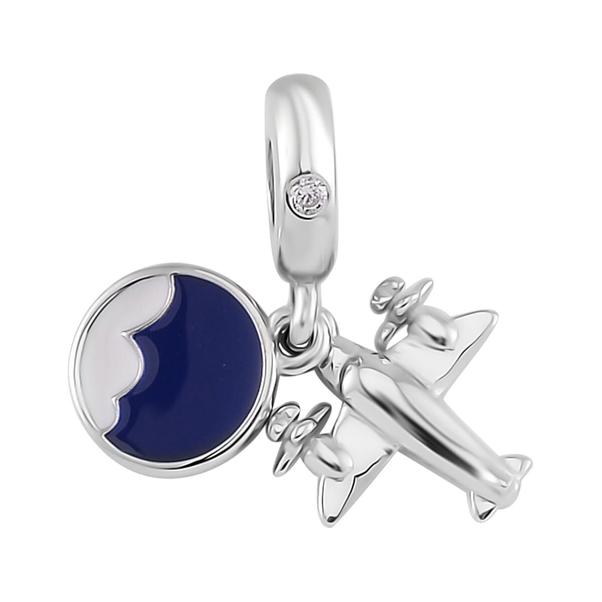 Simulated Diamond Airplane Travel Charm in Rhodium Over Sterling Silver