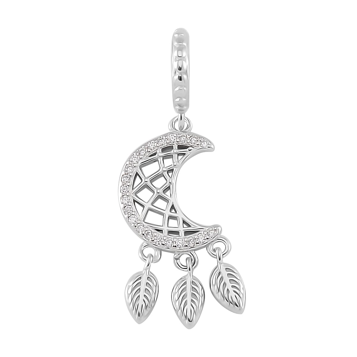 Simulated Diamond Moon Dreamcatcher Charm in Rhodium Over Sterling Silver