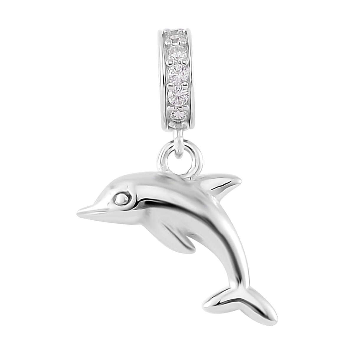 Simulated Diamond Dolphin Charm in Rhodium Over Sterling Silver 0.15 ctw