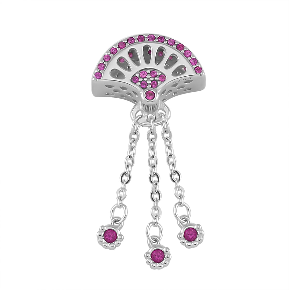 Simulated Ruby Color Diamond Fan Flutters Charm in Rhodium Over Sterling Silver 0.50 ctw