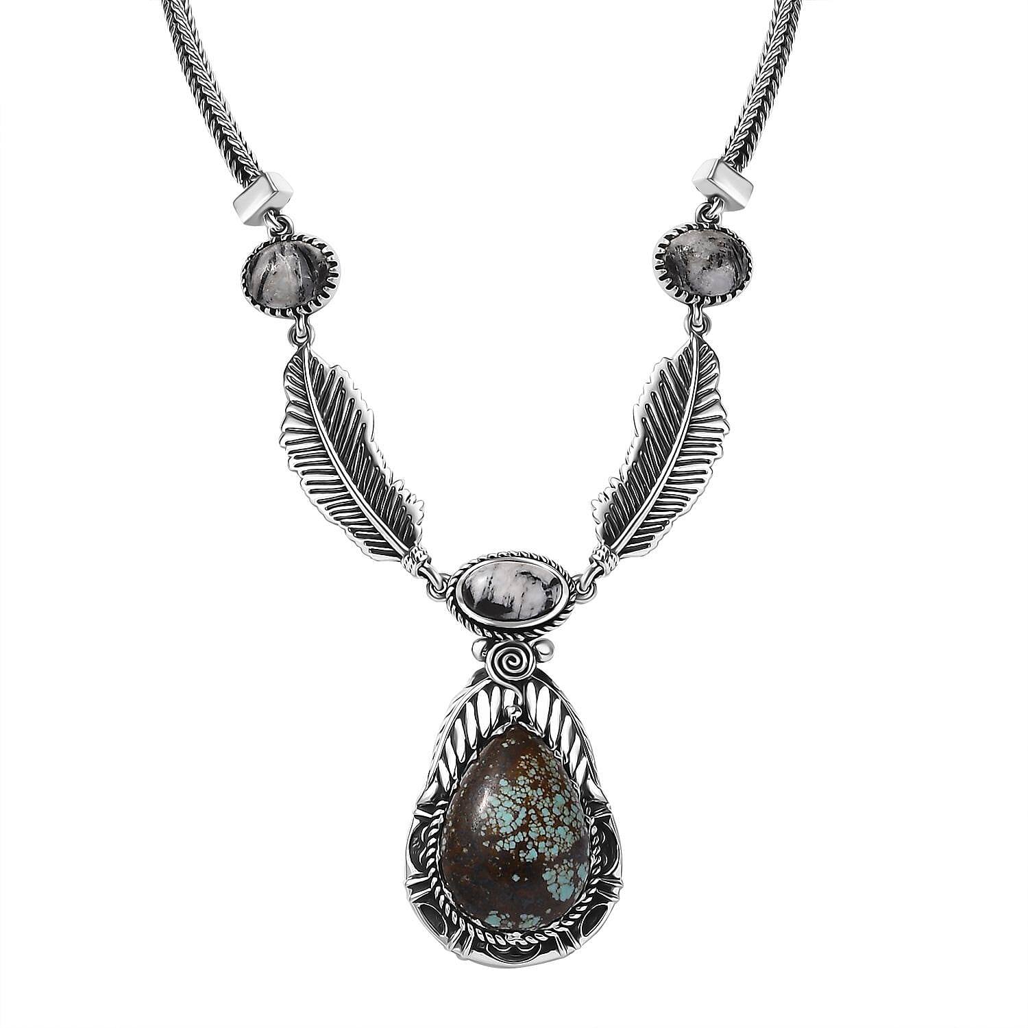 D'Joy Artisan Crafted Blue Horizon Turquoise, White Buffalo 17.65 ctw Feather Necklace in Black Oxidized Sterling Silver 18-20 Inches